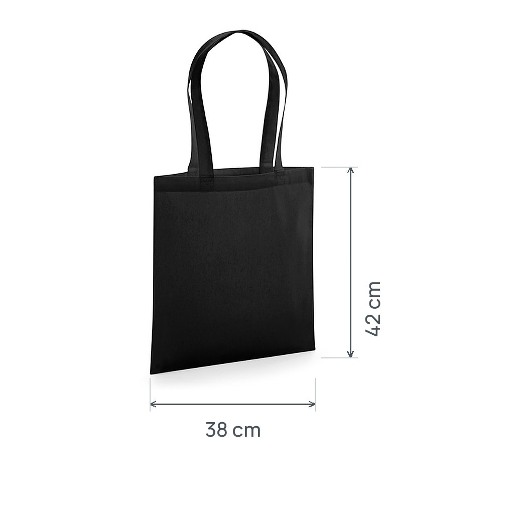 Svart GOTS-certifierad ekologisk premium tygkasse, 200 g/m², 38 × 42 cm, visad med höjd- och breddmått