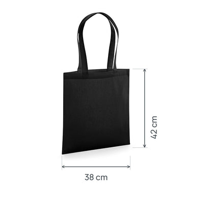 Svart GOTS-certifierad ekologisk premium tygkasse, 200 g/m², 38 × 42 cm, visad med höjd- och breddmått