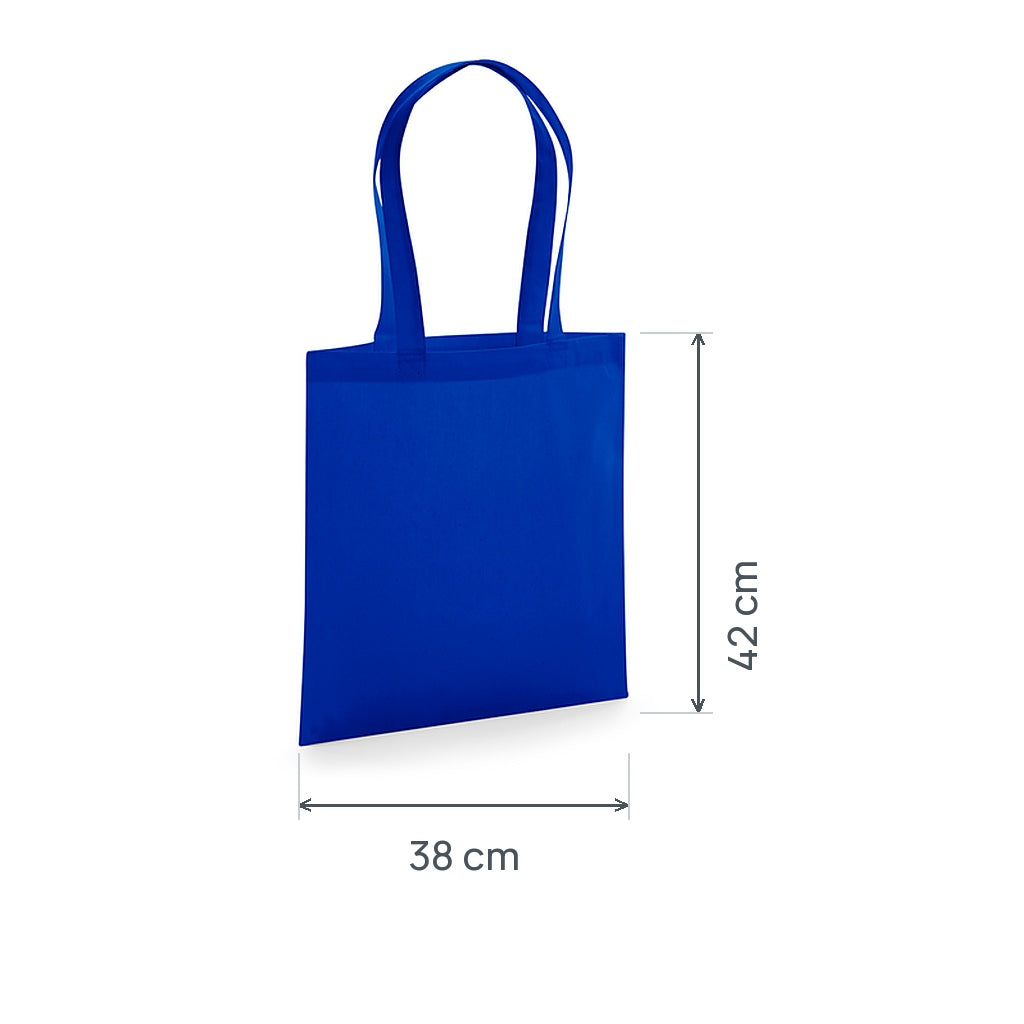 Kungsblå GOTS-certifierad ekologisk premium tygkasse, 200 g/m², 38 × 42 cm, visad med höjd- och breddmått
