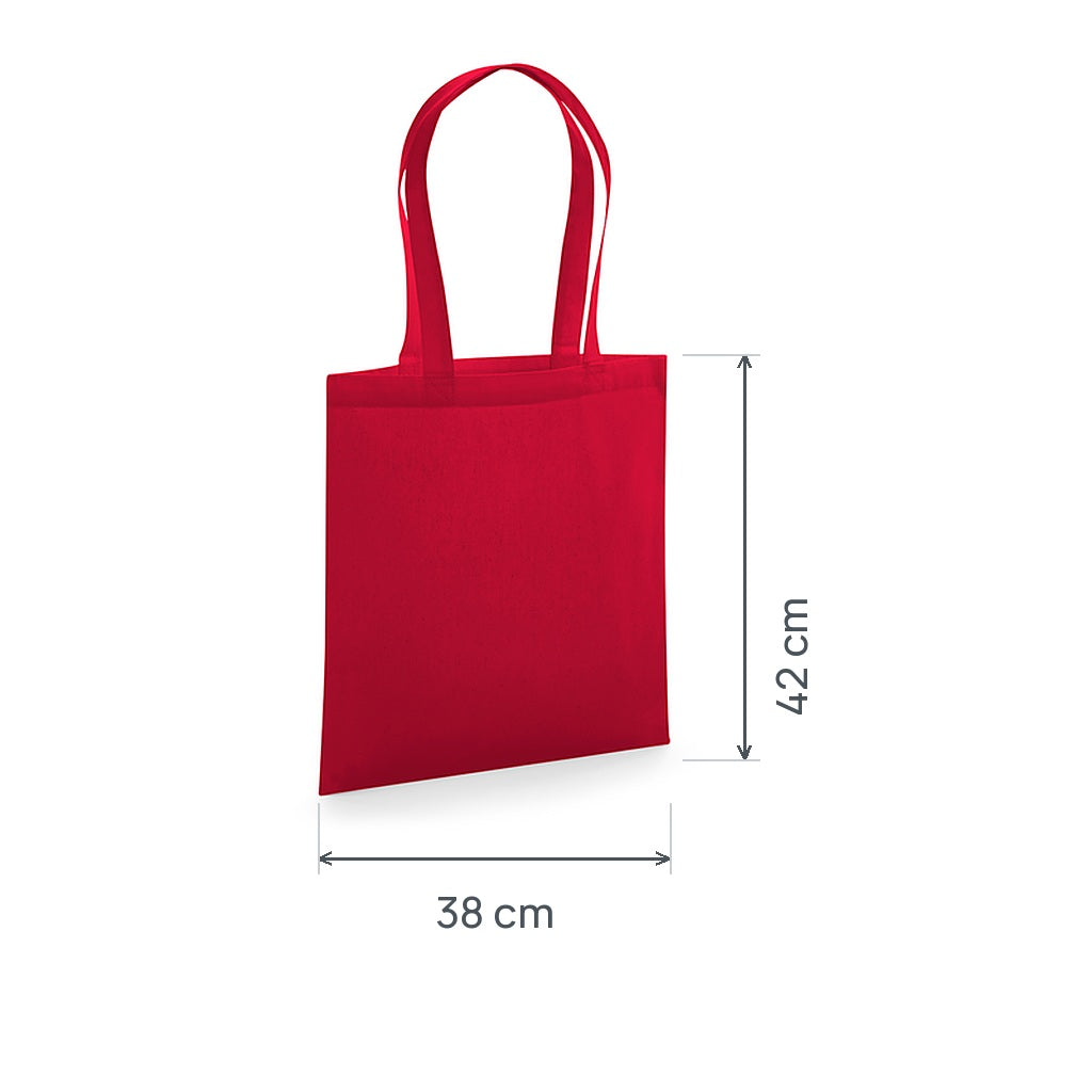 Klassisch roter GOTS-zertifizierter Bio-Jutebeutel aus Premium-Baumwolle, 200 g/m², 38 × 42 cm, mit eingezeichneten Höhen- und Breitenmaßen