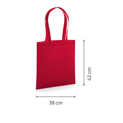 Klassisch roter GOTS-zertifizierter Bio-Jutebeutel aus Premium-Baumwolle, 200 g/m², 38 × 42 cm, mit eingezeichneten Höhen- und Breitenmaßen