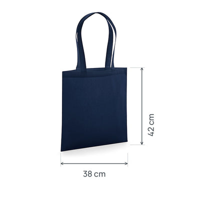 Marinblå GOTS-certifierad ekologisk premium tygkasse, 200 g/m², 38 × 42 cm, visad med höjd- och breddmått