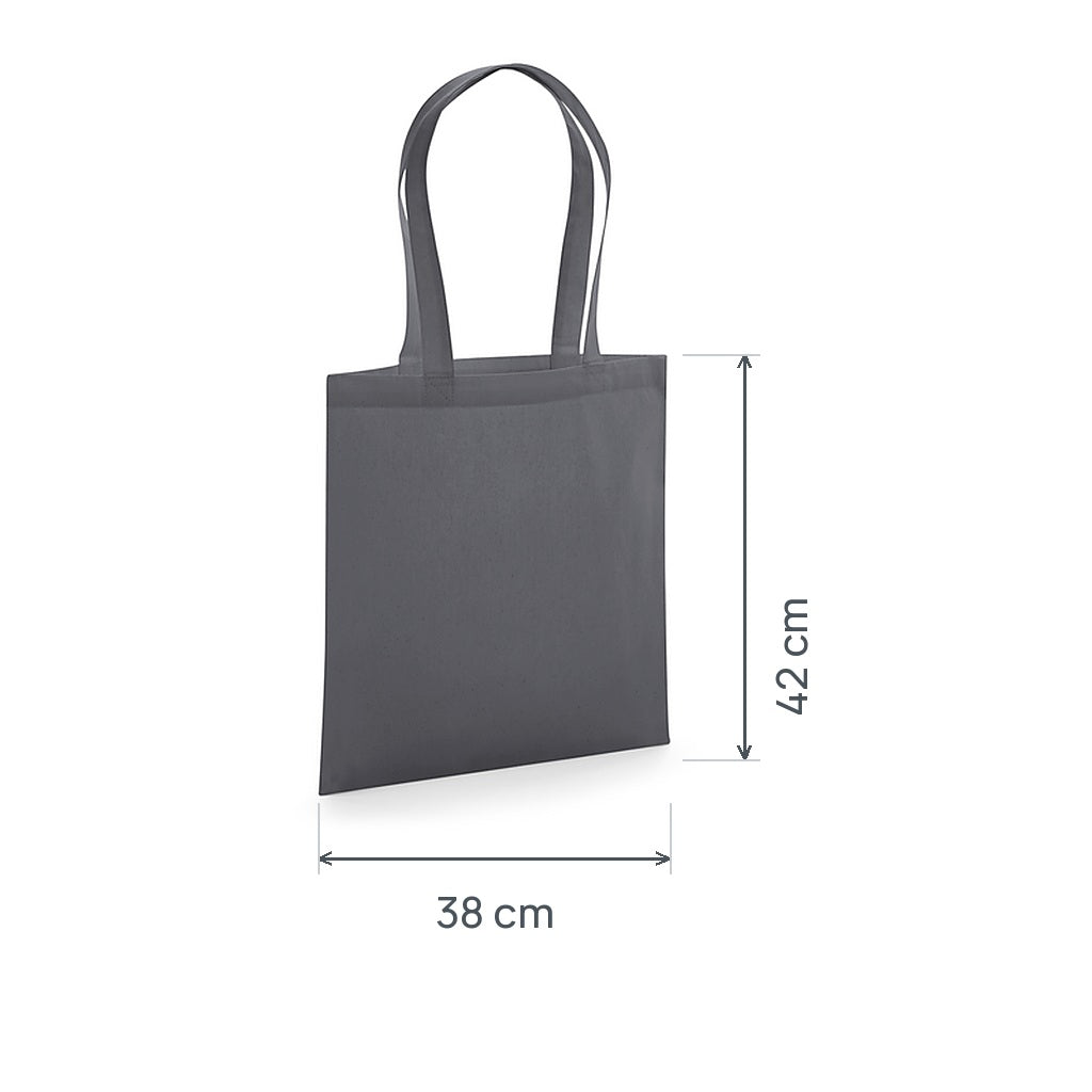 Graphitgrauer GOTS-zertifizierter Bio-Jutebeutel aus Premium-Baumwolle, 200 g/m², 38 × 42 cm, mit eingezeichneten Höhen- und Breitenmaßen