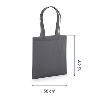 Graphitgrauer GOTS-zertifizierter Bio-Jutebeutel aus Premium-Baumwolle, 200 g/m², 38 × 42 cm, mit eingezeichneten Höhen- und Breitenmaßen