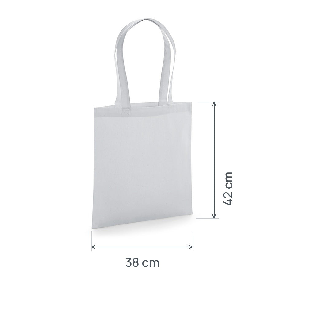 Hellgrauer GOTS-zertifizierter Bio-Jutebeutel aus Premium-Baumwolle, 200 g/m², 38 × 42 cm, mit eingezeichneten Höhen- und Breitenmaßen