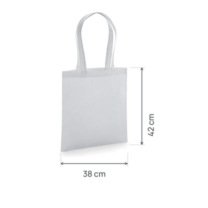 Hellgrauer GOTS-zertifizierter Bio-Jutebeutel aus Premium-Baumwolle, 200 g/m², 38 × 42 cm, mit eingezeichneten Höhen- und Breitenmaßen