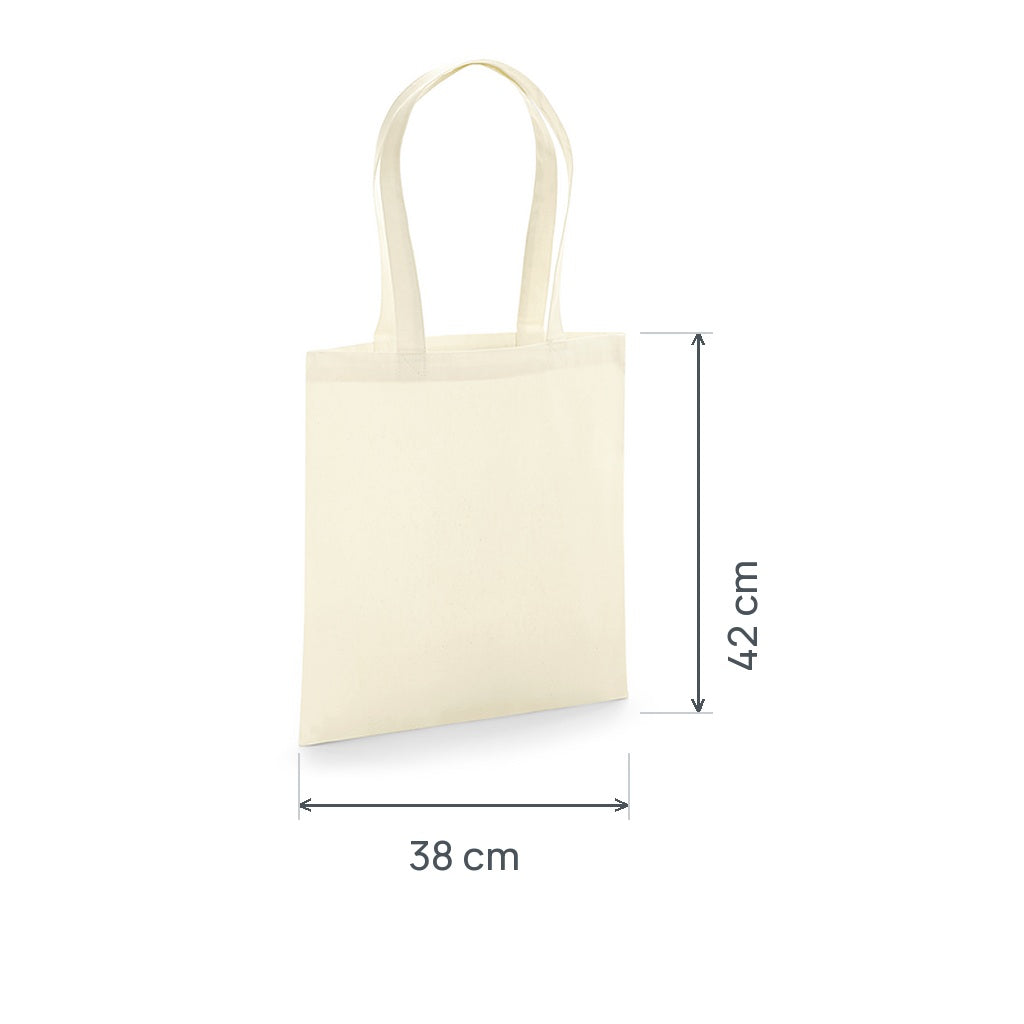 Bolsa de tela de algodón orgánico premium natural certificada GOTS, 200 g/m², 38 × 42 cm, con las medidas de alto y ancho
