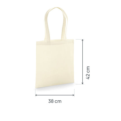 Bolsa de tela de algodón orgánico premium natural certificada GOTS, 200 g/m², 38 × 42 cm, con las medidas de alto y ancho