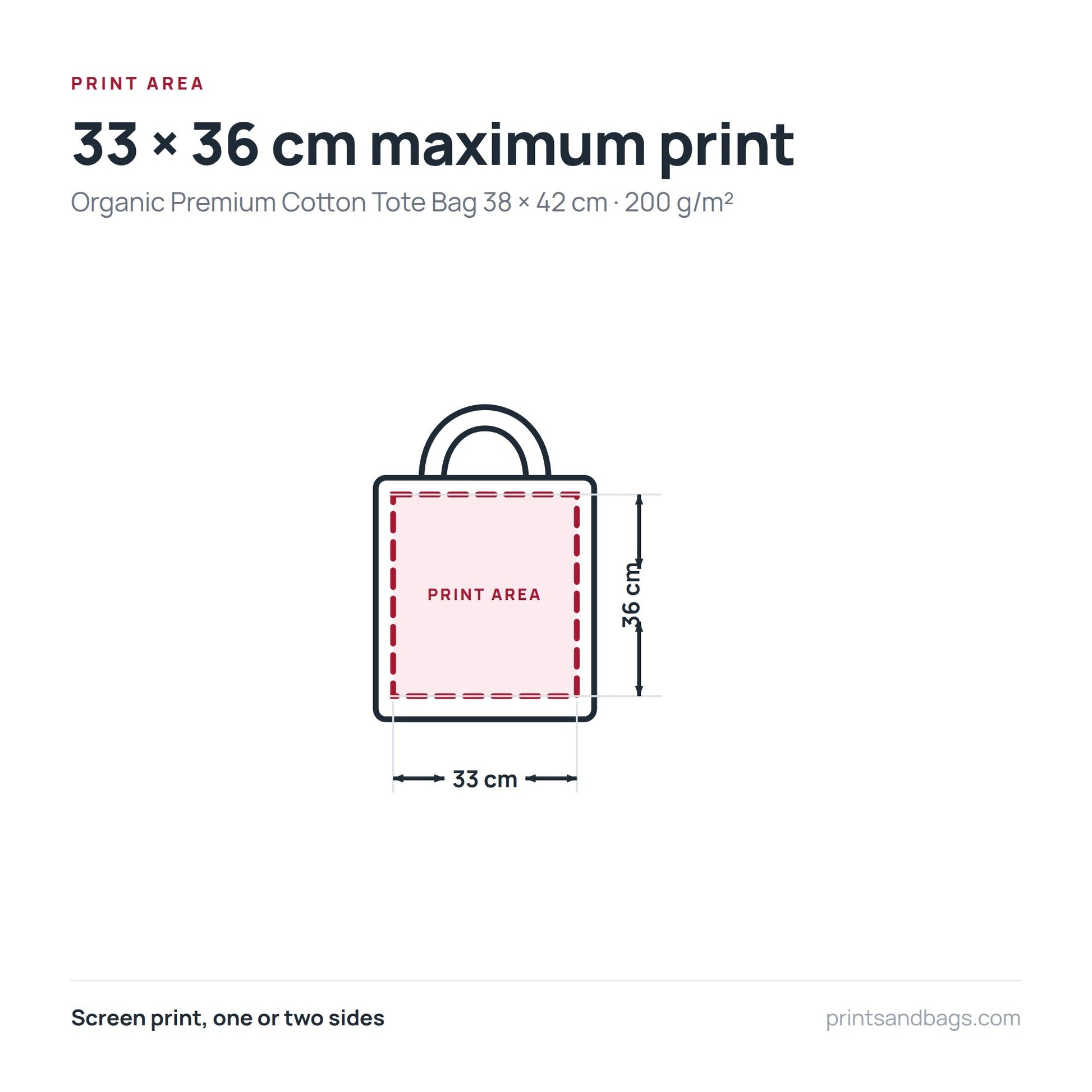 Esquema del área de estampación máxima de 33 × 36 cm en una bolsa de tela de algodón orgánico premium de 38 × 42 cm, 200 g/m²