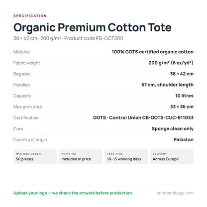 Spezifikation des Bio-Jutebeutels aus Premium-Baumwolle 38 × 42 cm: 100% GOTS-zertifizierte Bio-Baumwolle, 200 g/m², 10 Liter, 67 cm Henkel, Druckfläche 33 × 36 cm