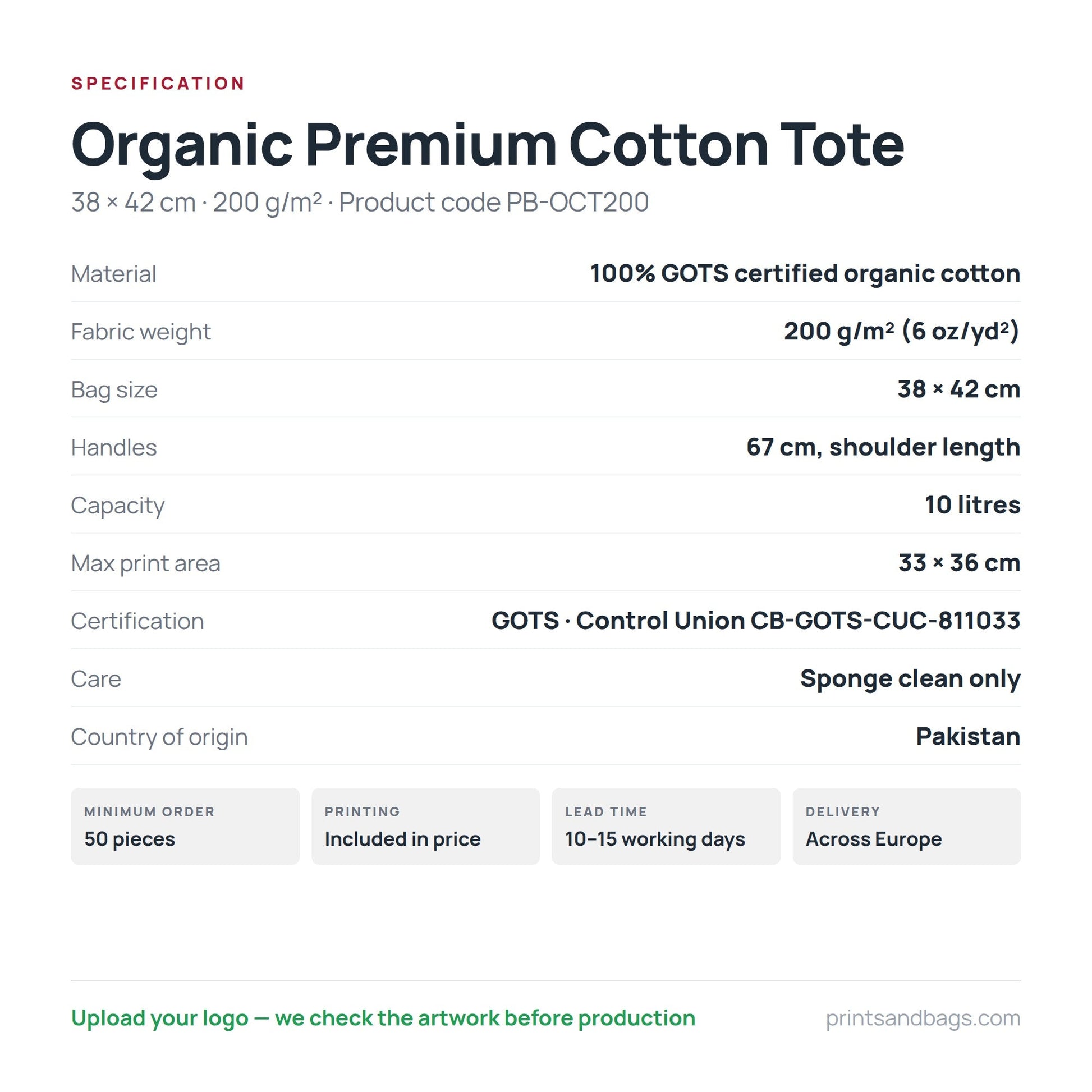 Specifikation för den ekologiska premium tygkassen 38 × 42 cm: 100% GOTS-certifierad ekologisk bomull, 200 g/m², 10 liter, 67 cm handtag, tryckyta 33 × 36 cm
