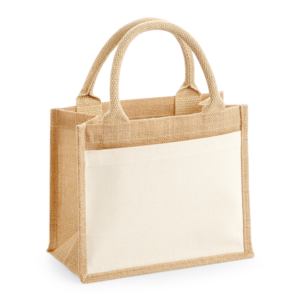 Natural Cotton Pocket Jute Gift Bag with cotton canvas front pocket, ready for custom logo print, 26 x 22 x 14 cm