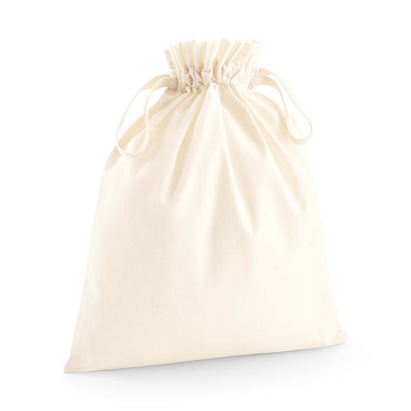 Natural organic cotton drawstring pouch with self-fabric drawcord closure and custom print, 115 g/m², XS size, 10 × 15 cm
