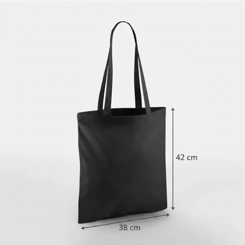 Sort mulepose, 38 × 42 cm, 140 g/m² bomuld med lange hanke – alternativt produktfoto