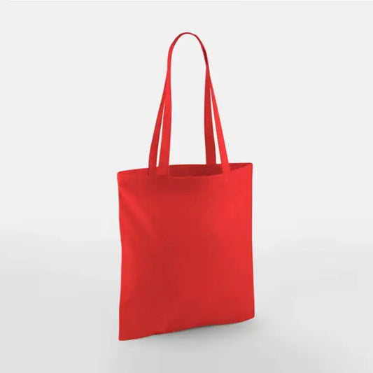 Bright red classic cotton tote bag with long handles and custom logo print, 140 g/m², 38 × 42 cm