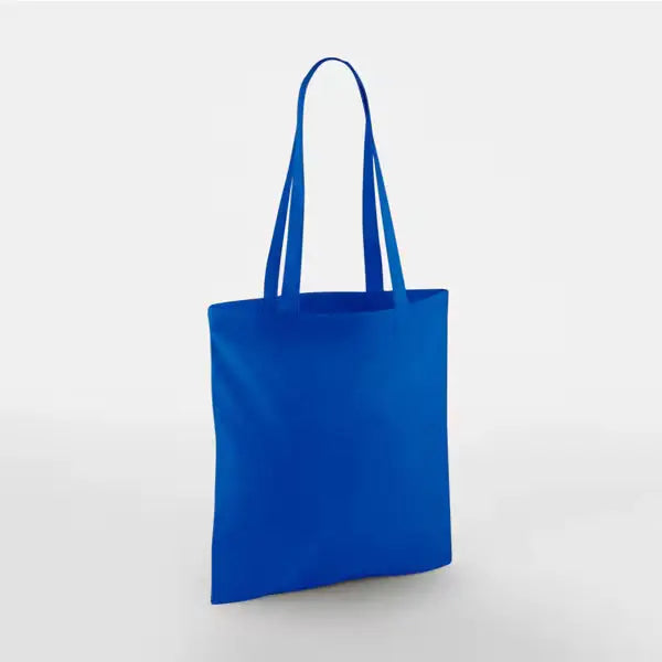 Bright royal blue classic cotton tote bag with long handles and custom logo print, 140 g/m², 38 × 42 cm