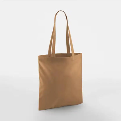 Caramel brown classic cotton tote bag with long handles and custom logo print, 140 g/m², 38 × 42 cm