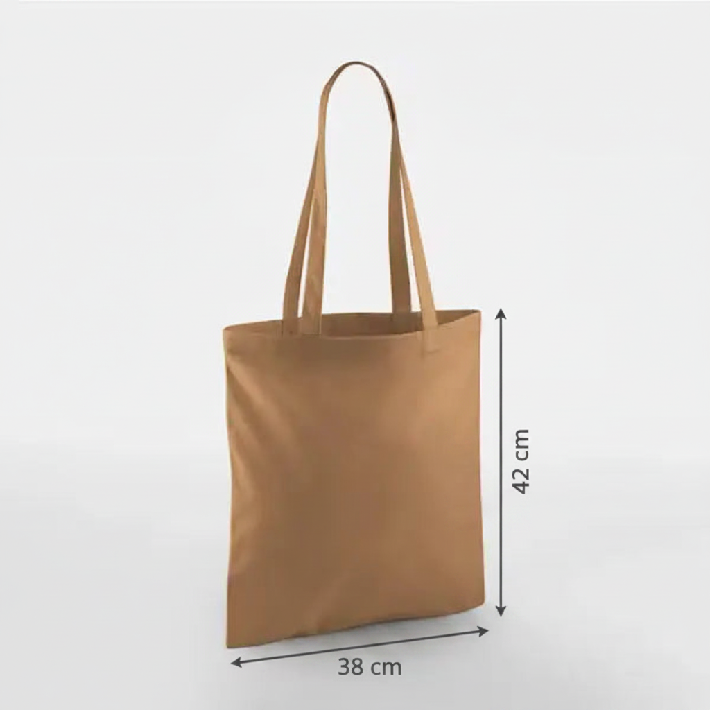 Karamelbrun mulepose, 38 × 42 cm, 140 g/m² bomuld med lange hanke – alternativt produktfoto