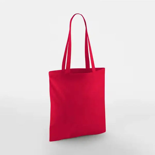 Classic red cotton tote bag with long handles and custom logo print, 140 g/m², 38 × 42 cm