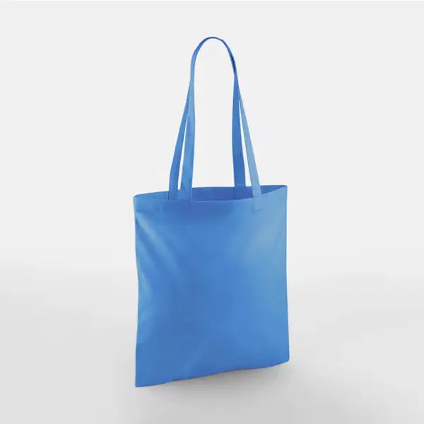 Cornflower blue classic cotton tote bag with long handles and custom logo print, 140 g/m², 38 × 42 cm