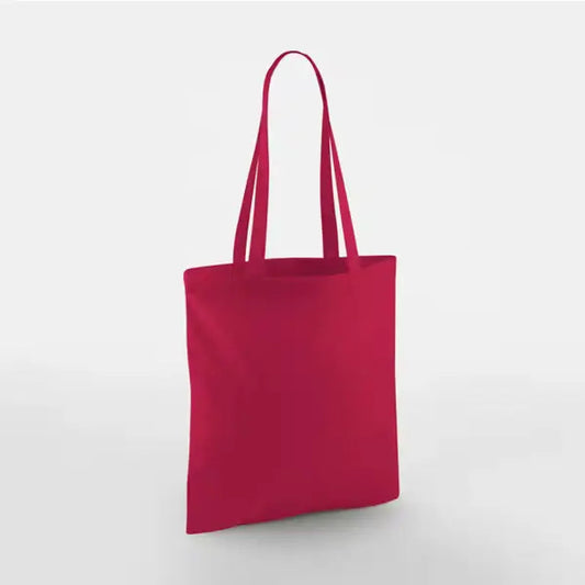 Cranberry red classic cotton tote bag with long handles and custom logo print, 140 g/m², 38 × 42 cm