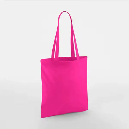 Fuchsia pink classic cotton tote bag with long handles and custom logo print, 140 g/m², 38 × 42 cm