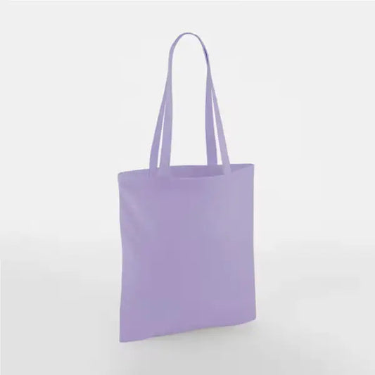 Lavender purple classic cotton tote bag with long handles and custom logo print, 140 g/m², 38 × 42 cm