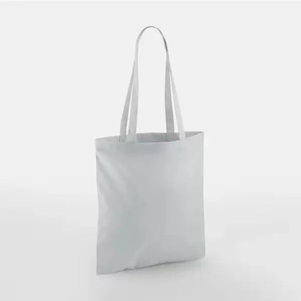 Light grey classic cotton tote bag with long handles and custom logo print, 140 g/m², 38 × 42 cm