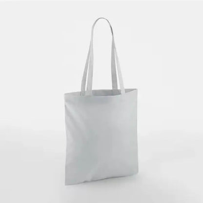 Light grey classic cotton tote bag with long handles and custom logo print, 140 g/m², 38 × 42 cm