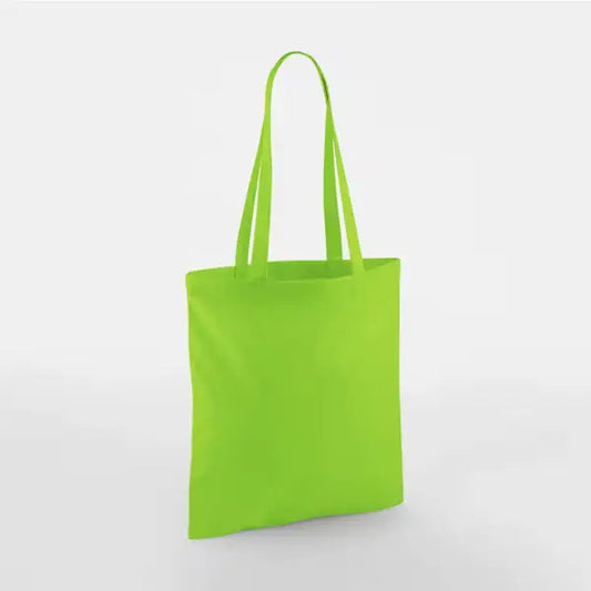Lime green classic cotton tote bag with long handles and custom logo print, 140 g/m², 38 × 42 cm