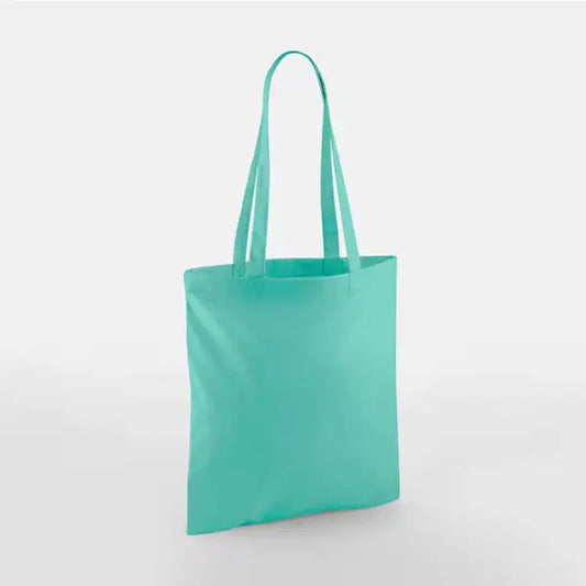 Mint green classic cotton tote bag with long handles and custom logo print, 140 g/m², 38 × 42 cm