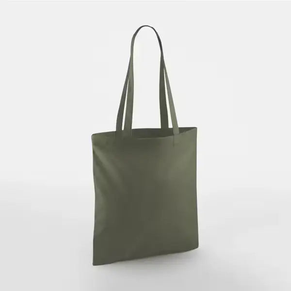 Olive green classic cotton tote bag with long handles and custom logo print, 140 g/m², 38 × 42 cm