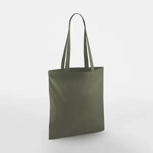 Olive green classic cotton tote bag with long handles and custom logo print, 140 g/m², 38 × 42 cm