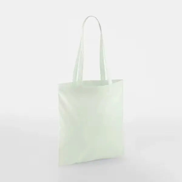 Pastel mint green classic cotton tote bag with long handles and custom logo print, 140 g/m², 38 × 42 cm