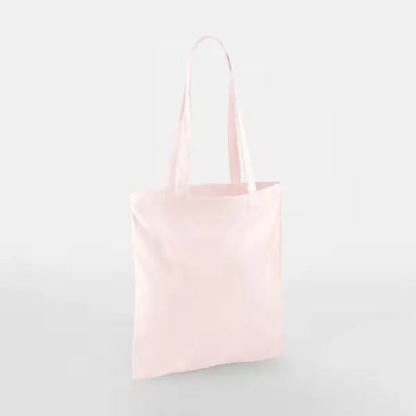 Pastel pink classic cotton tote bag with long handles and custom logo print, 140 g/m², 38 × 42 cm