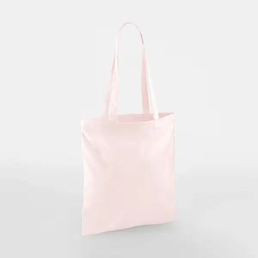 Pastel pink classic cotton tote bag with long handles and custom logo print, 140 g/m², 38 × 42 cm