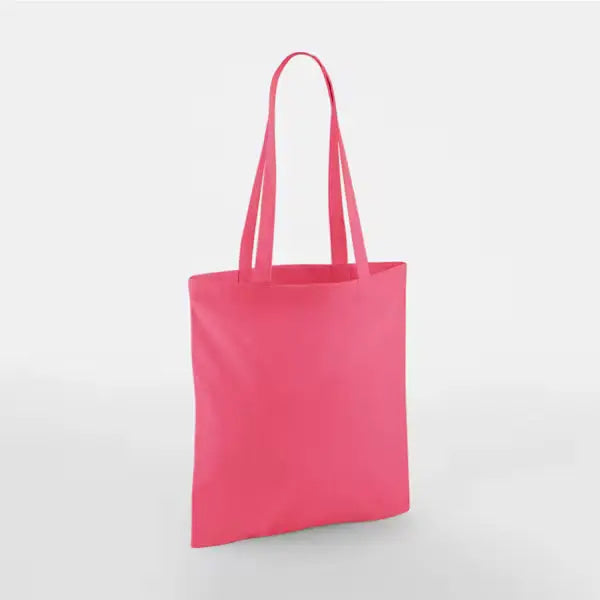 Raspberry pink classic cotton tote bag with long handles and custom logo print, 140 g/m², 38 × 42 cm