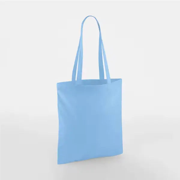 Sky blue classic cotton tote bag with long handles and custom logo print, 140 g/m², 38 × 42 cm
