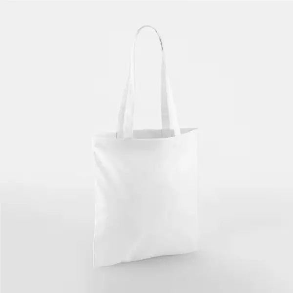 White classic cotton tote bag with long handles and custom logo print, 140 g/m², 38 × 42 cm