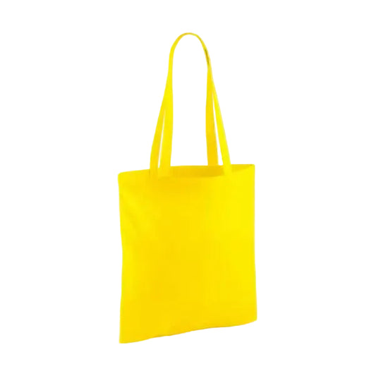 Yellow classic cotton tote bag with long handles and custom logo print, 140 g/m², 38 × 42 cm