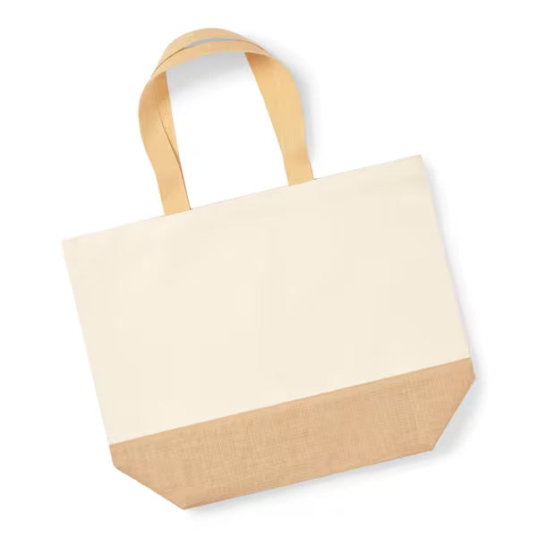 Close-up detail of natural jute base canvas tote bag, 407 g/m²