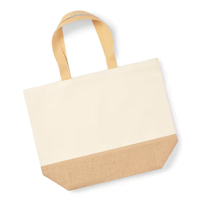 Close-up detail of natural jute base canvas tote bag, 407 g/m²