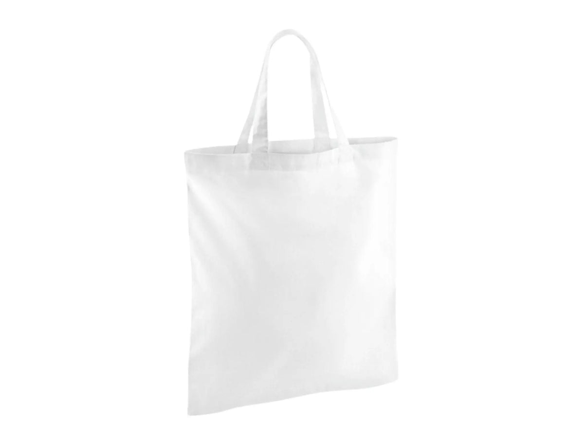 White cotton tote bag with short handles and custom logo print, 140 g/m², 38 × 42 cm