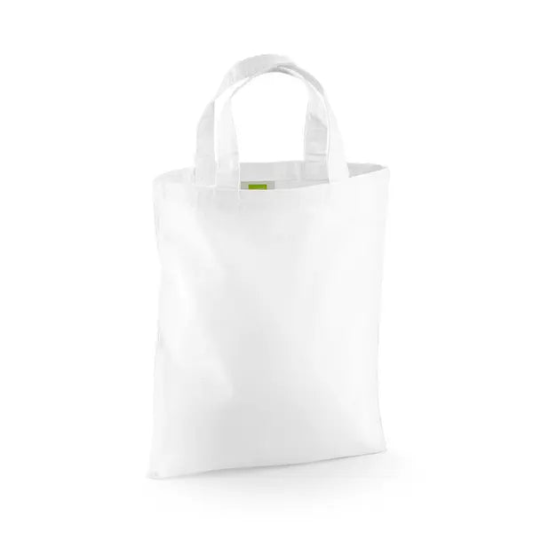 White mini cotton tote bag with short handles and custom logo print, 140 g/m², 26 × 32.5 cm