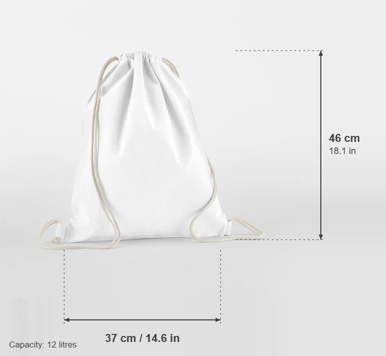 White organic cotton gymsac, 140 g/m², with measurements: 37 cm wide, 46 cm high, 12 litres