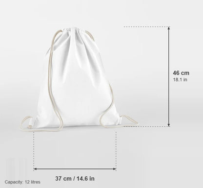 White organic cotton gymsac, 140 g/m², with measurements: 37 cm wide, 46 cm high, 12 litres