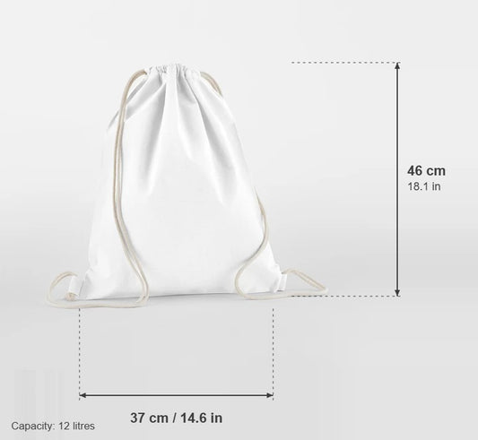 White organic cotton gymsac, 140 g/m², with measurements: 37 cm wide, 46 cm high, 12 litres