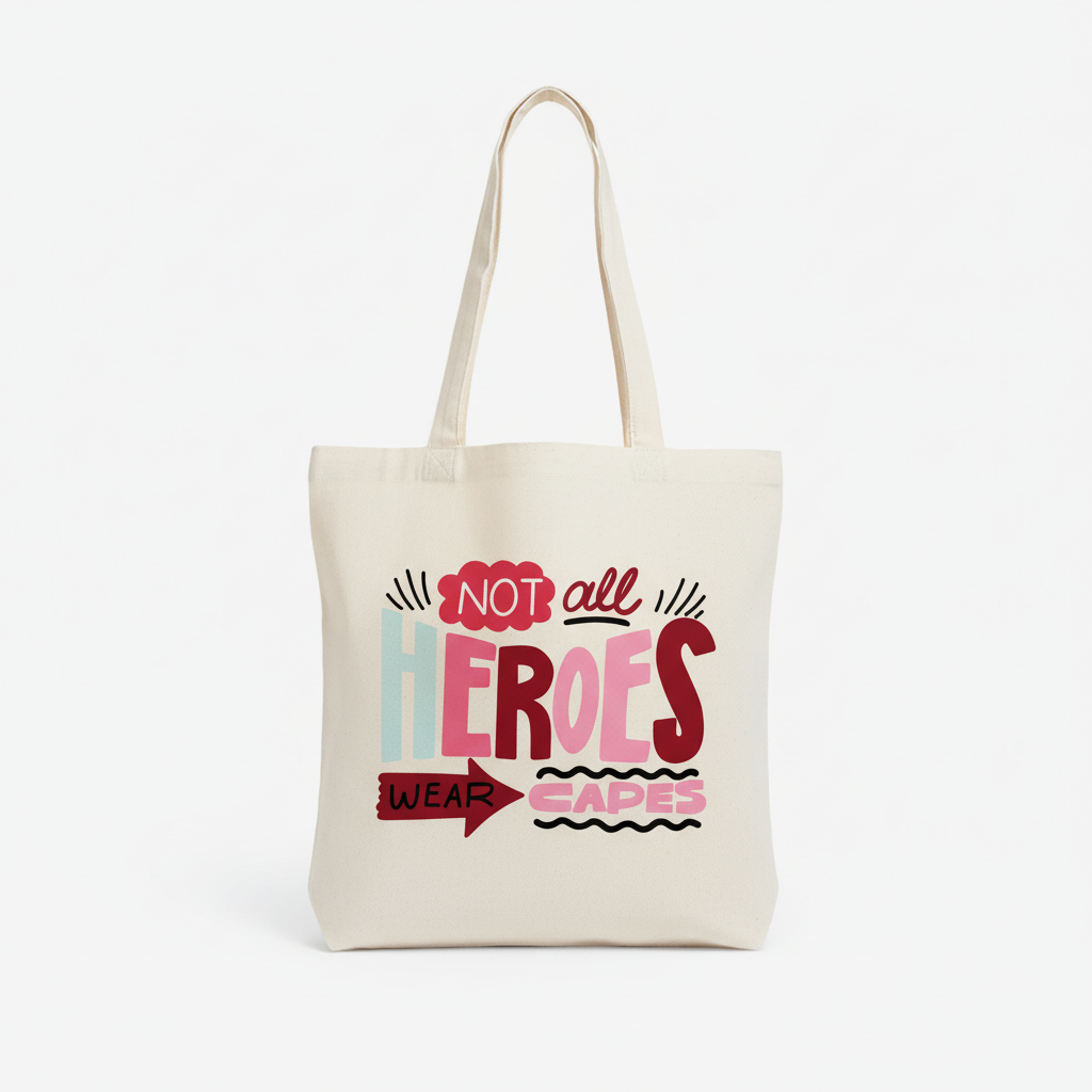 White Tote Bag with "Not All Heroes Wear Capes" Design