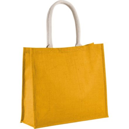 Yellow jute beach bag with custom print, 42 × 35 cm, 330 g/m², cotton handles